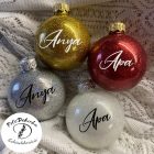 Csillámló üveg karácsonyi gömb 6 cm egyedi felirattal